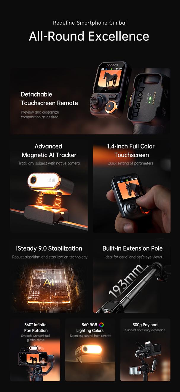 Hohem iSteady M7 AI Tracking Smartphone Gimbal Stabilizer 3-Axis with Magnetic Fill Light/AI Tracking Sensor for iPhone Android with 1/4-inch Color Tochscreen Display,Detachable Remote Controller, Max Payload 500g 2023 Upgraded
