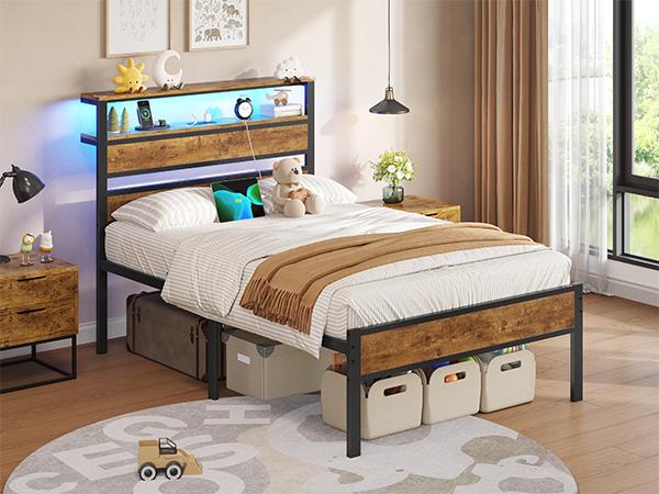 Hasuit Twin Bed Frame with Headboard Storage Shelves, LED Bed Frame Twin Size with Charging Station, Metal Platform Bed with Heavy Duty Slats, Fast Assembly, No Box Spring Needed, Noise Free Twin Full Queen Three Sizes