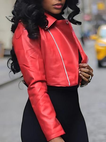 Women's Biker Style PU Leather Jacket, Short Design, Waistline Enhancer, All Seasons Wear, Fitted Fit, Plain Pattern