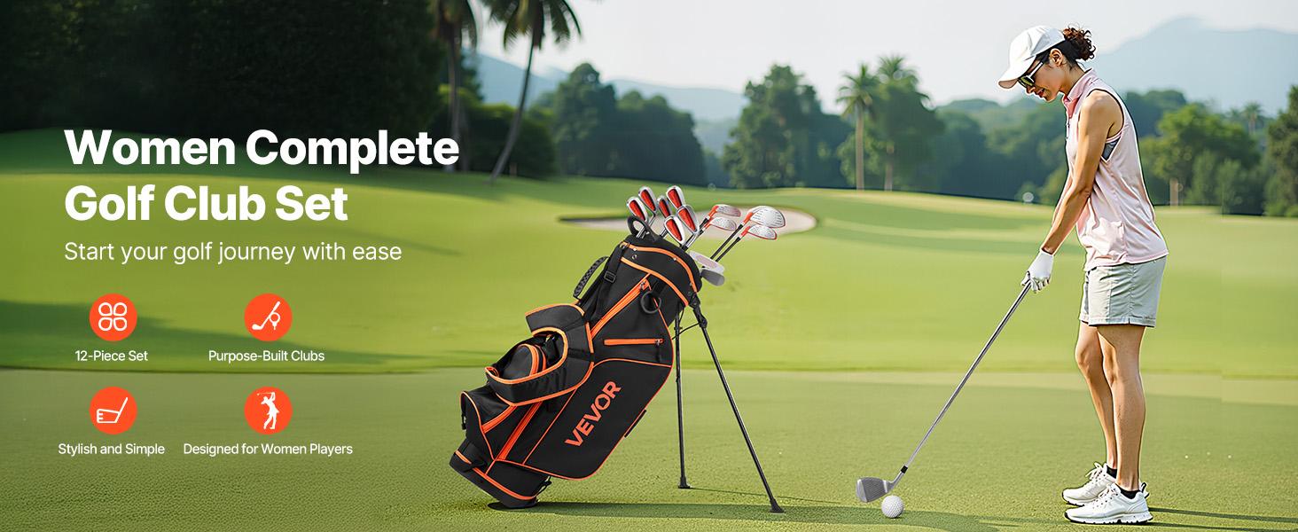 VEVOR Golf Club Set, 12 Pieces Women's Golf Club Complete Set Right Handed with 460CC #1 Driver, #3 5 Fairway Wood, #4 Hybrid, #5/#6/#7/#8/#9/#PW/#SW Irons, L-Shaped Putter, Golf Stand Bag, Orange