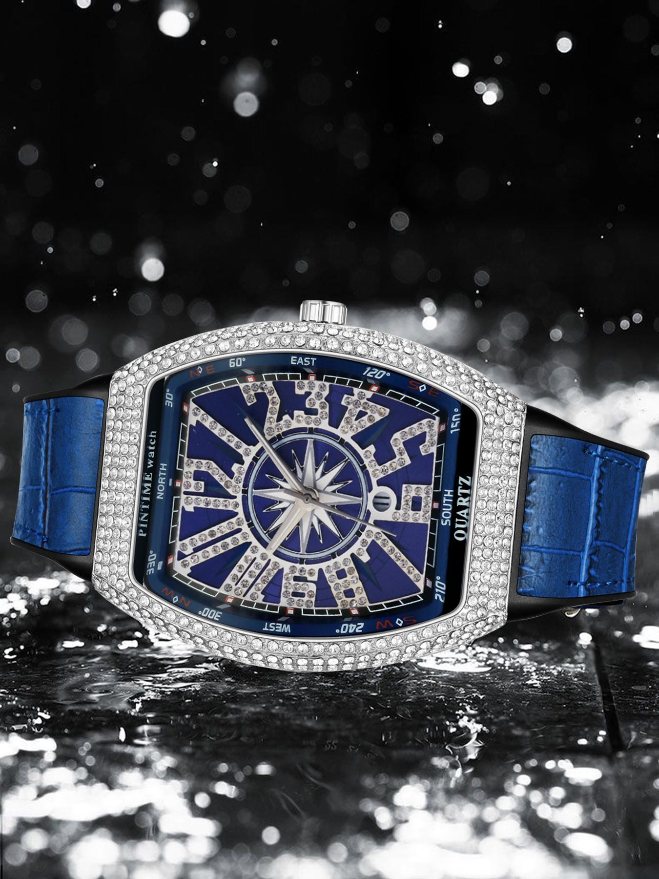 Men's Business Quartz Watch, Barrel Shape Starry Strap, Yacht Diamond Vintage Large Dial, Waterproof Stone Watch, 1pc