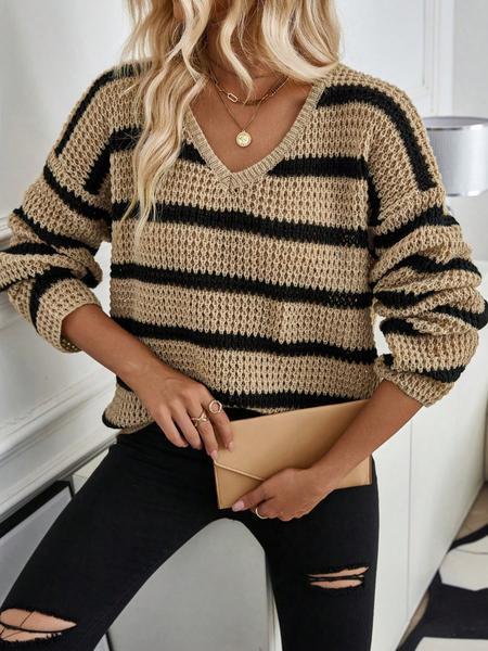 Women's V Neck Striped Colorblock Long Sleeve Pullover Sweater, Autumn/Winter Casual Loose Fit Drop Shoulder Fashion Cozy Sweataer Top, Fall Knitwear for Women, Winter Sweater for Women, Ladies Fall Clothes