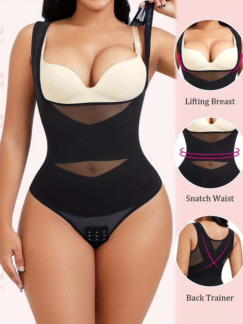 Women's Contrast Mesh Thong Design Shapewear Bodysuit, High Stretch U Neck Tummy Control Shapewear Clothing, Ladies Shapewear for Daily Wear, Garment Women's Contrast Mesh Thong Design Shapewear Bodysuit, High Stretch U Neck Tummy Control Shapewear Clothing, Ladies Shapewear for Daily Wear, Garment