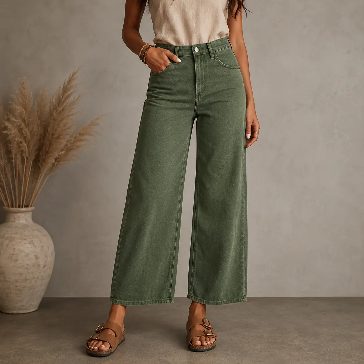 Women’s Olive Green High-Rise Baggy Wide-Leg Denim Blend Jeans, Casual Wear Clothes Bottom, Vintage Washed Relaxed-Fit Cropped Trousers with Front and Back Pockets