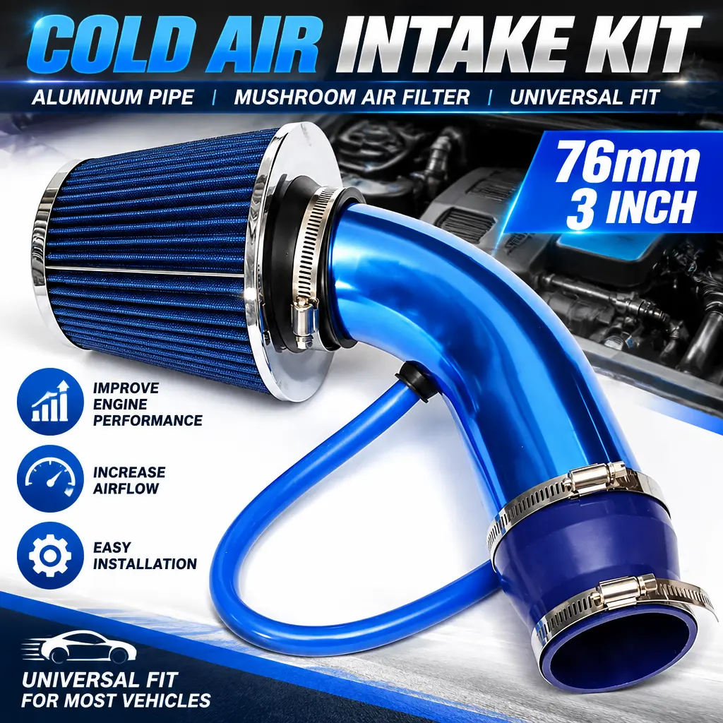 76mm 3 Inch Universal Cold Air Intake Kit, Aluminum Pipe with Mushroom Air Filter, Car Engine Performance Mod Parts,Pre-lit
