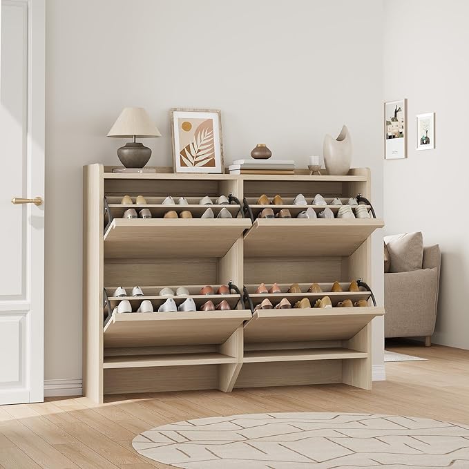 Shoe Cabinet with 4 Flip Drawers Wooden Shoe Organizer Cabinet with Adjustable Shelf Shoe Storage for Entryway Hidden Shoe Cabinet for Hallway, Living Room Shoe Cabinet with 4 Flip Drawers Wooden Shoe Organizer Cabinet with Adjustable Shelf Shoe Storage for Entryway Hidden Shoe Cabinet for Hallway, Living Room