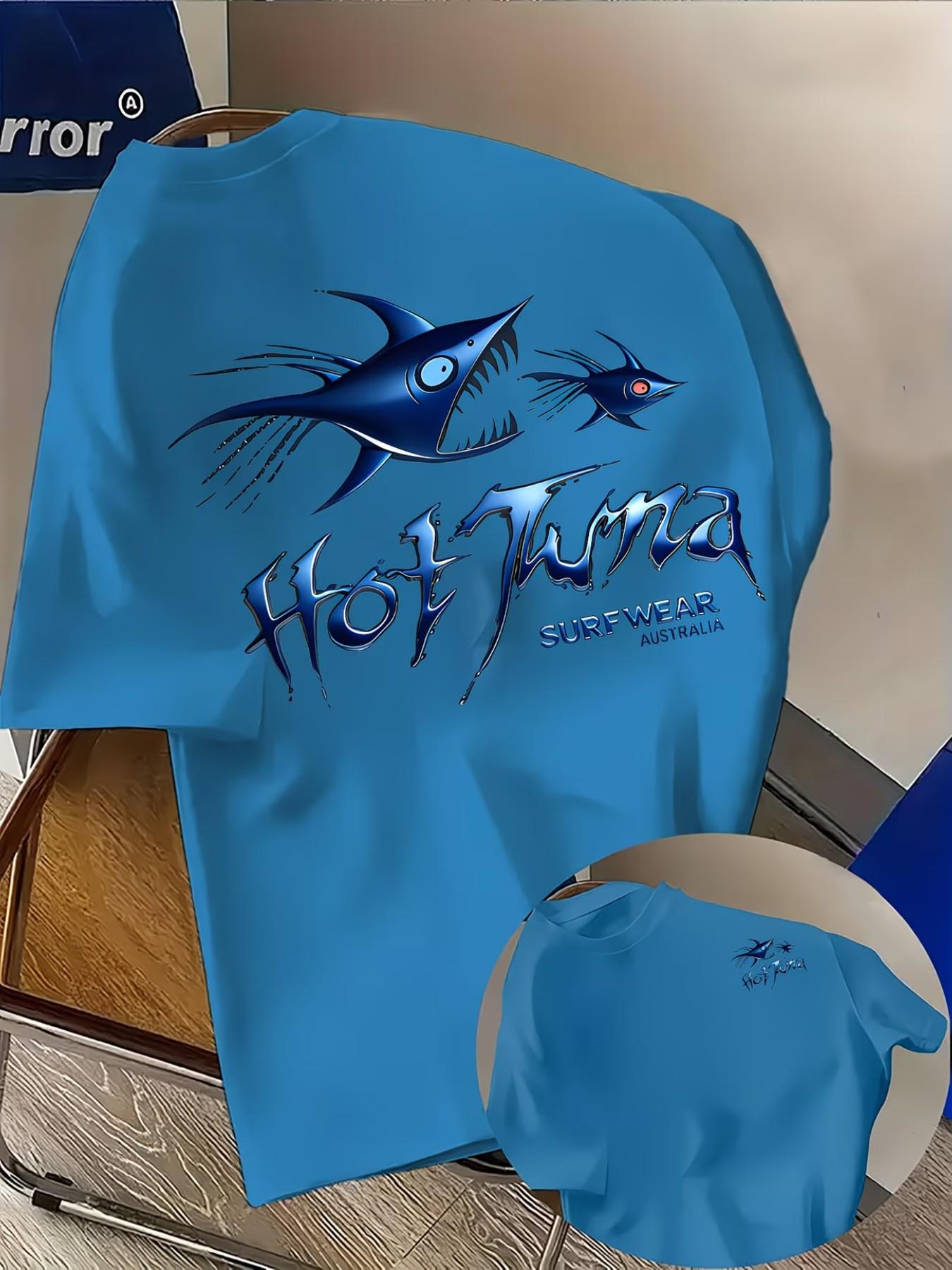 Men's Casual 'hot Tuna' Shark Print T-Shirt, Fashion Dual-Sided Print, Lightweight Elastic, Regular Fit, Summer Streetwear, Comfortable Wear