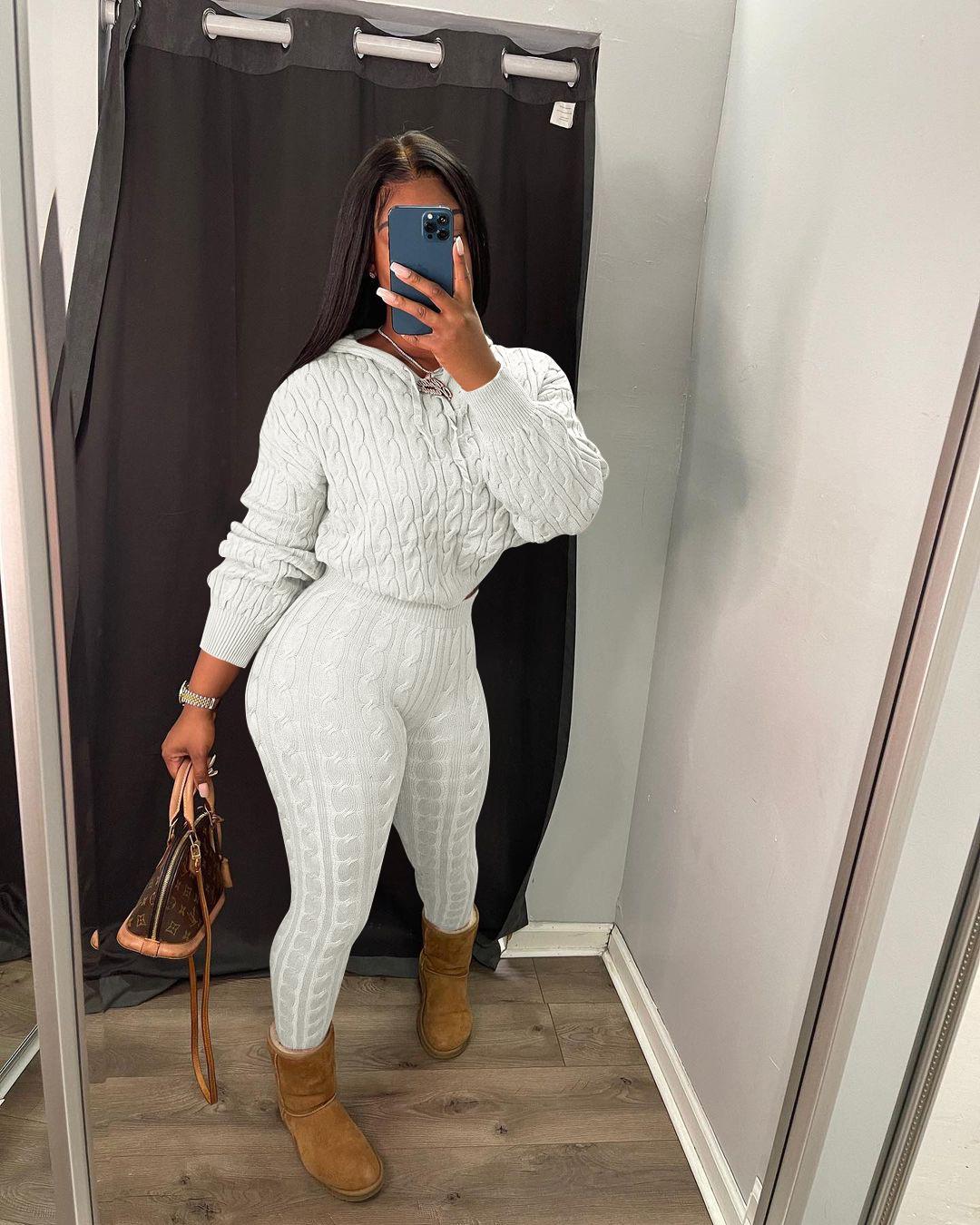 USBoutique Chic Two-piece Set Women's Solid Drop Shoulder Cable Knit Crop Sweater & High Waist Pants. Casual Fashion Cozy Plush Outfits for Daily Outdoor Wear, Women Clothes for Fall & Winter, Fall Outfits. Green Hoodie Girl, Drop Shoulder Sweater