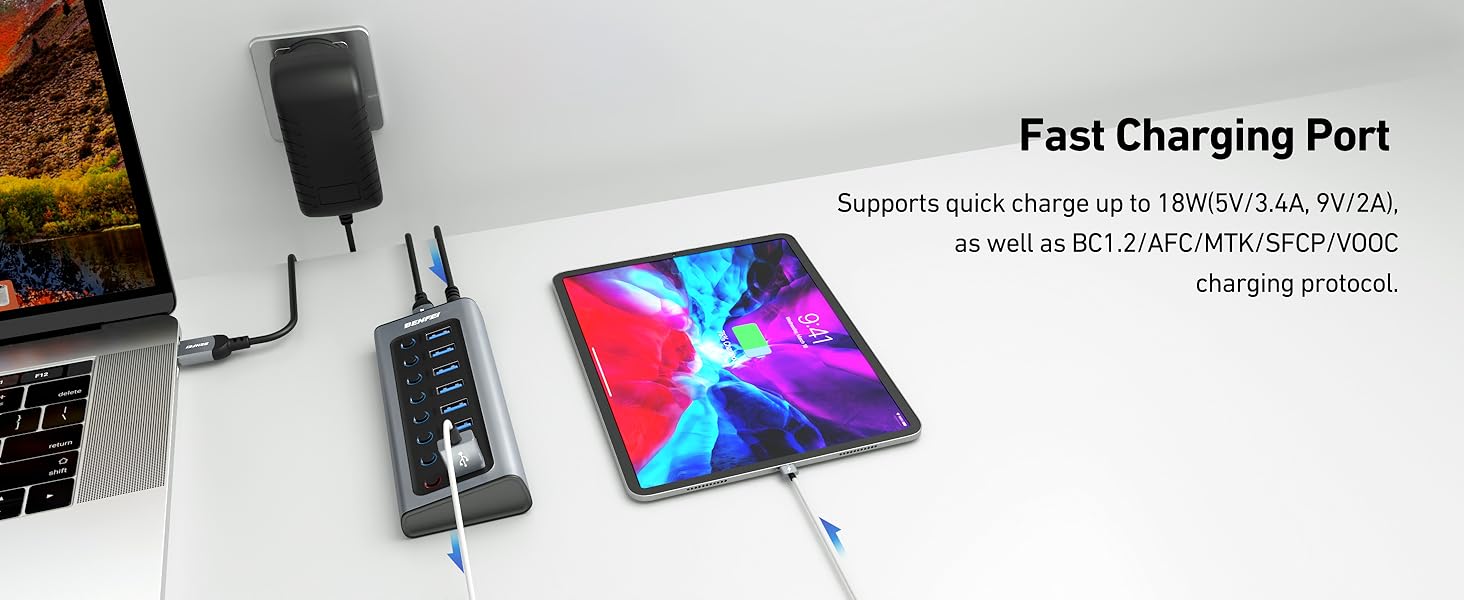 BENFEI Powered USB Hub with 7 Data Transfer Ports+1 Smart Charging Port USB Splitter Individual LED On/Off Switches