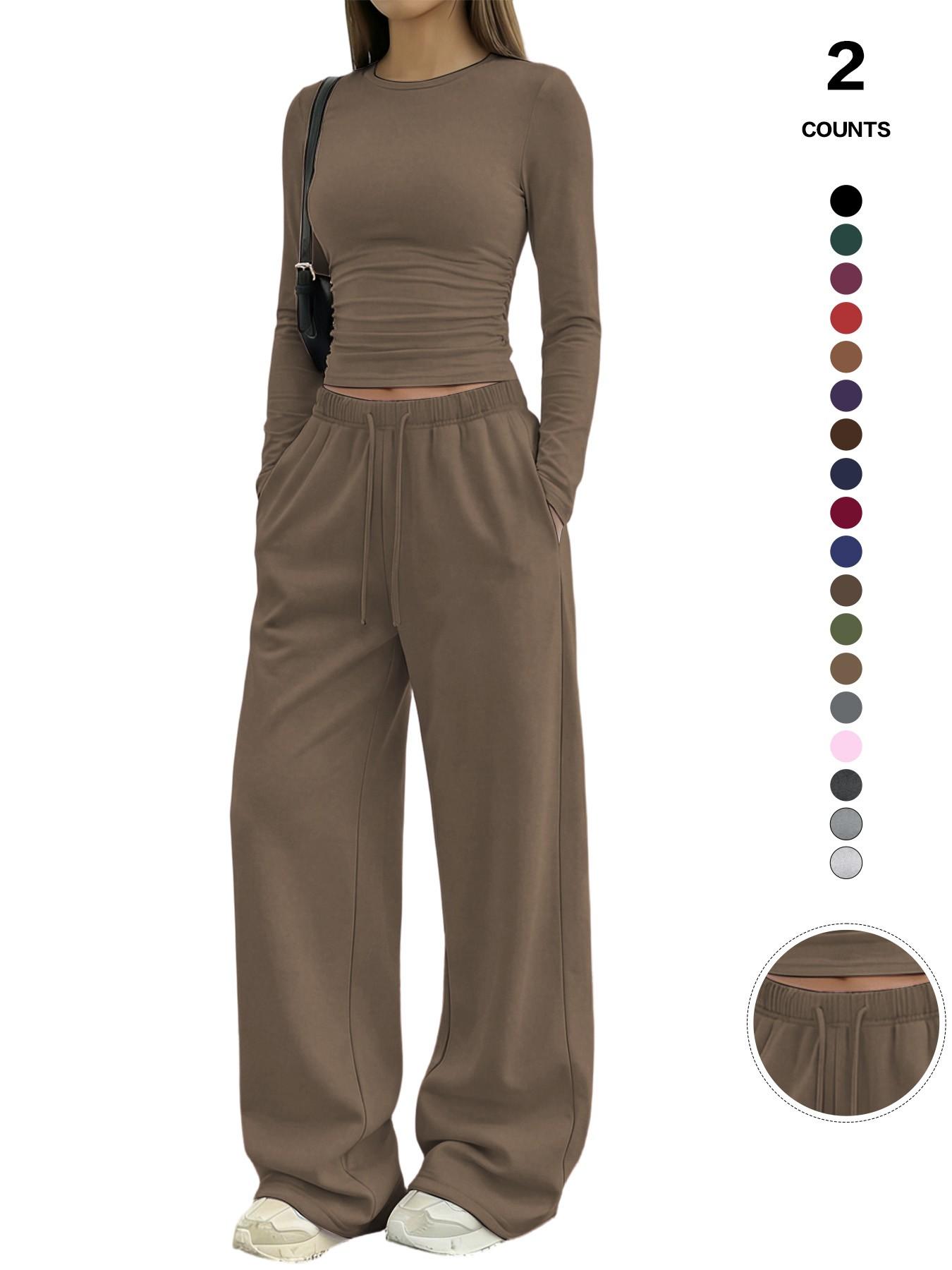 Women's Solid Ruched Drawstring Loungewear Set, Casual Long Sleeve Round Neck Top & Pocket Wide Leg Trousers, Spring Summer Sleepwear Pajama Set