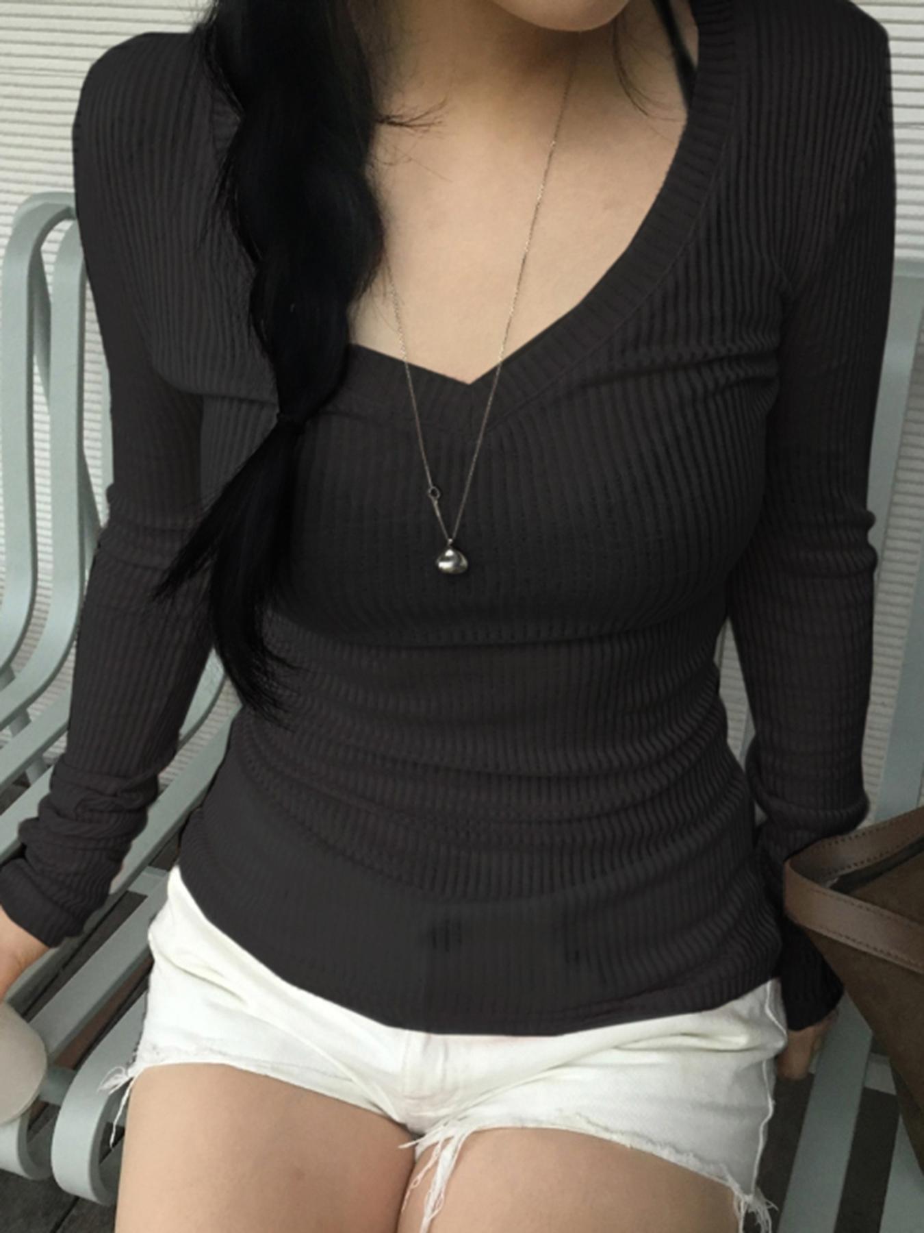 Women's Solid V Neck Long Sleeve Tee, Casual Basic T-shirt for Fall & Winter, Women's Top for Daily Wear