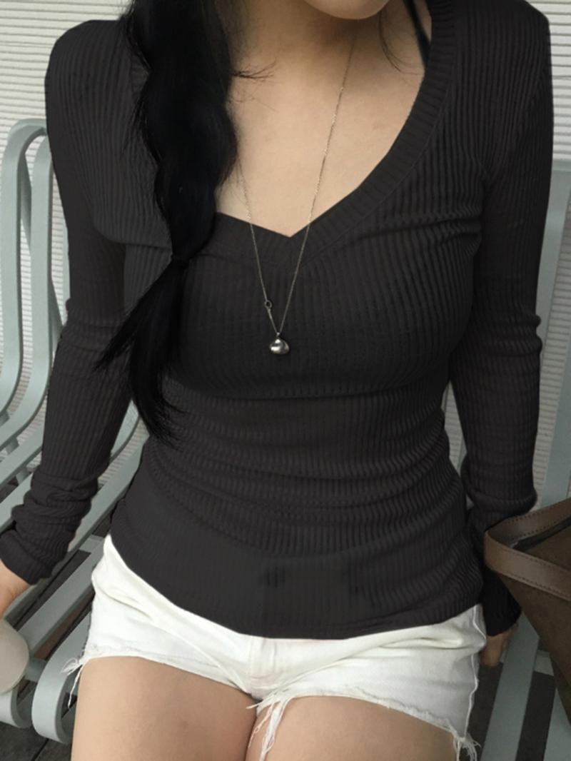 Women's Solid V Neck Long Sleeve Tee, Casual Basic T-shirt for Fall & Winter, Women's Top for Daily Wear