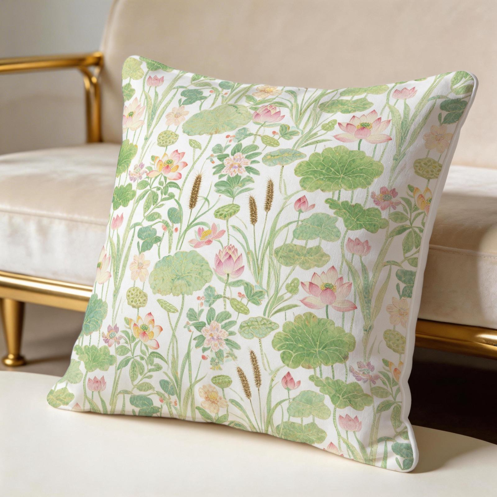 1 Piece Watercolor Lotus Pond Throw Pillow, HD Digital Printed Decorative Cushion, Aesthetic Boho Accent Pillow with Zipper Closure for Sofa Couch Bed Living Room Home Decor