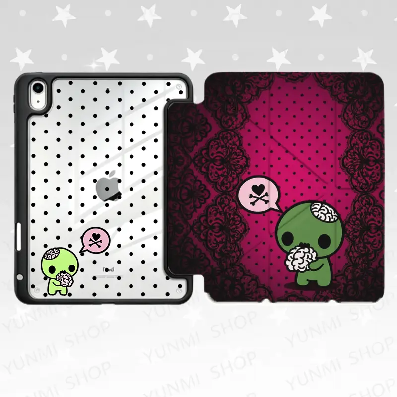 Spooky Cute Brain Zombie & Heart Skull Style | Pink Folding Flip Cover & Clear Dot Back Graphic | Y2K Pastel Gothic Aesthetic Tablet Case | for iPad Pro Air Mini 10th 9th Gen for iPad cases, suitable for both men and women, Perfect Gift for Women