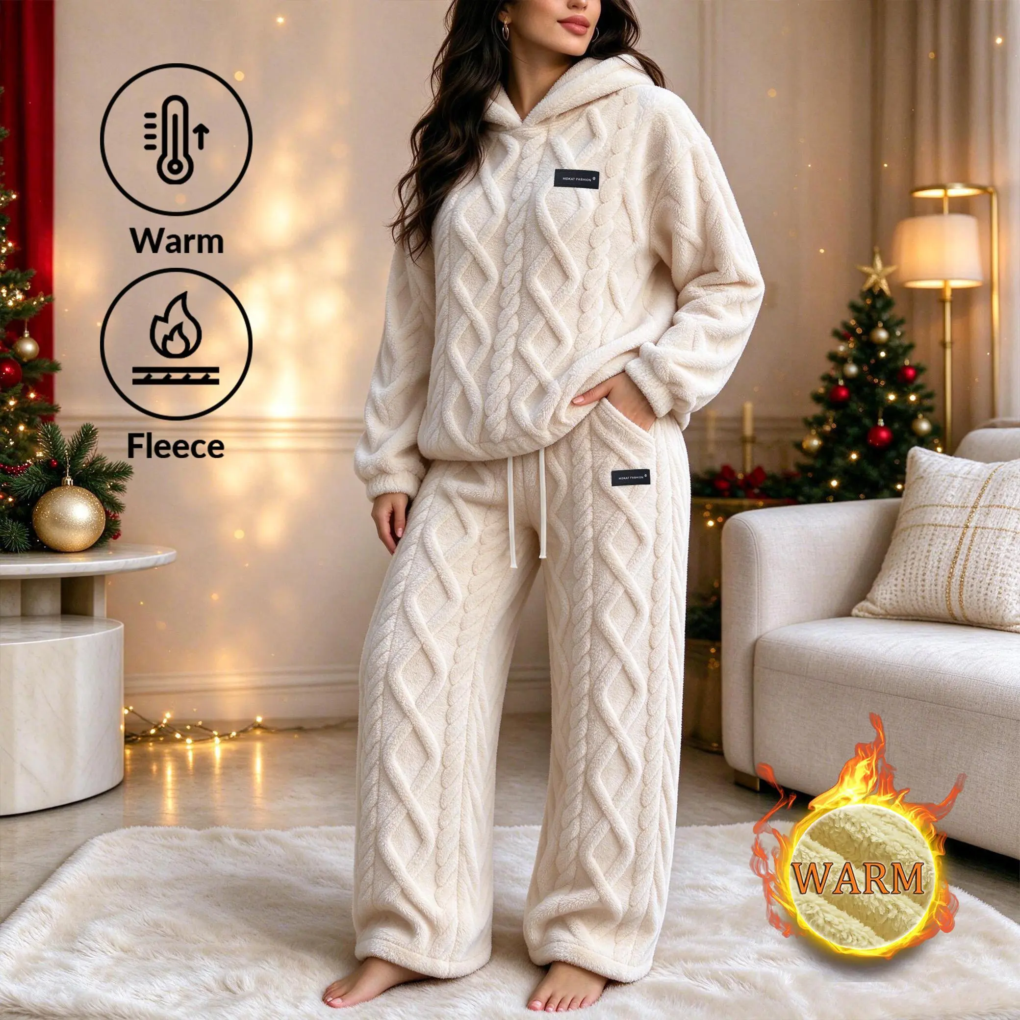 Women’s 2-Piece Jacquard Plush Hooded Pajama Set, Lady’s Comfy Loungewear Nightwear with Thick Warm Hoodie, Straight Leg Pants, Adjustable Elastic Drawstring Waist, Oversized Fit, Side Pockets for Fall-Winter Home Use, Holiday Gift