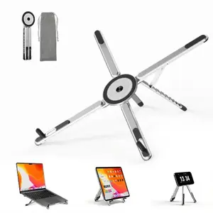 Viozon Foldable Laptop Stand, Adjustable Aluminum Desk Riser with Magnetic Phone Holder, Portable Ergonomic Laptop Support, Compatible with 10-16" Laptops and 4-13" Phones/Tablets, Silver