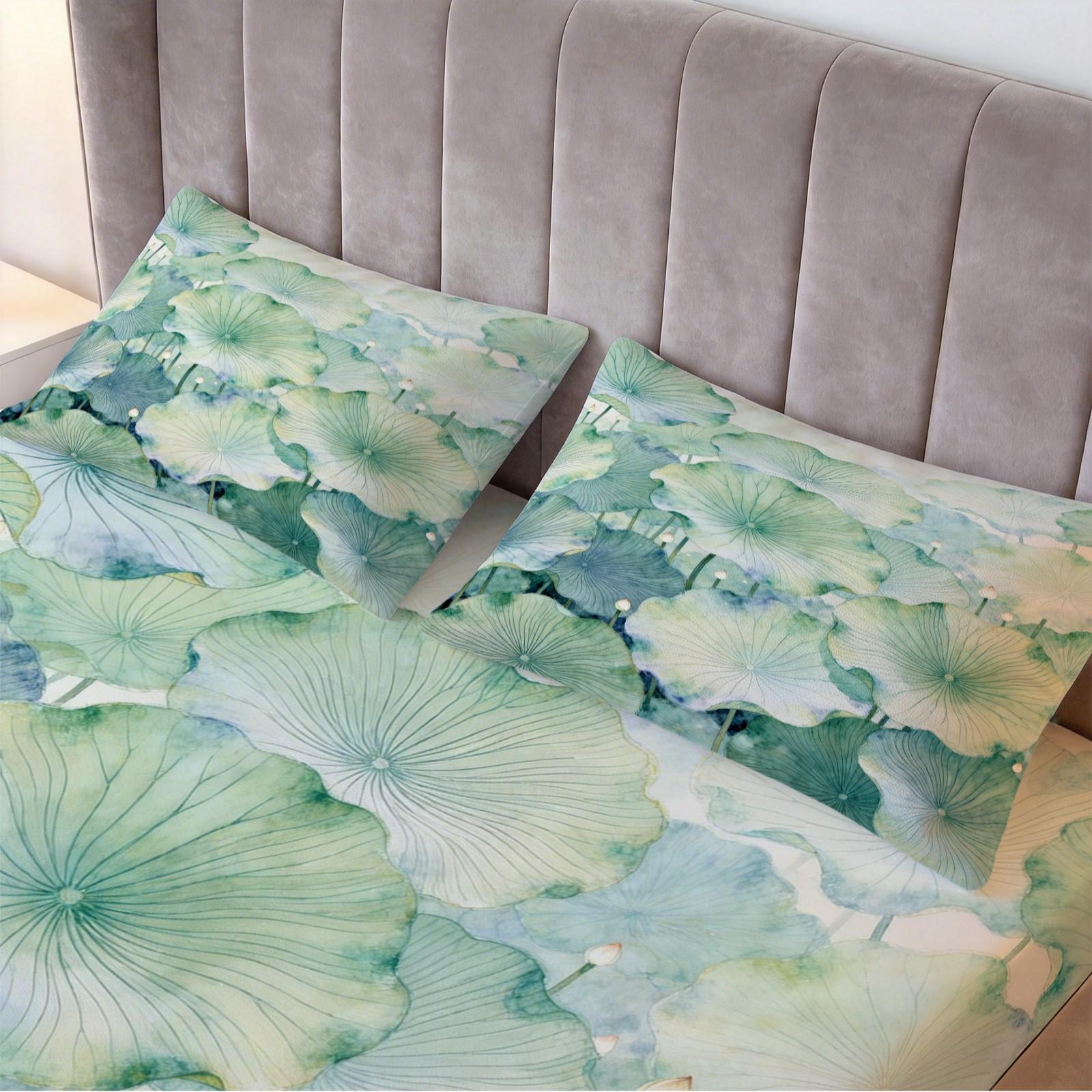 3 Piece Watercolor Lotus Leaf Fitted Sheet Set, Green Lotus HD Digital Print Bedding Set, Soft Breathable Deep Pocket Bed Sheet with Pillowcases for Bedroom & Dorm (Insert Not Included)