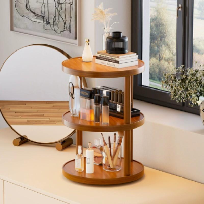 Round Table Three-Tier Storage Rack, Cosmetic Organizer, Perfume Display Stand, Fixed/rotating Base, Indoor Living Room Cup Holder, Bedroom Cosmetics Shelf