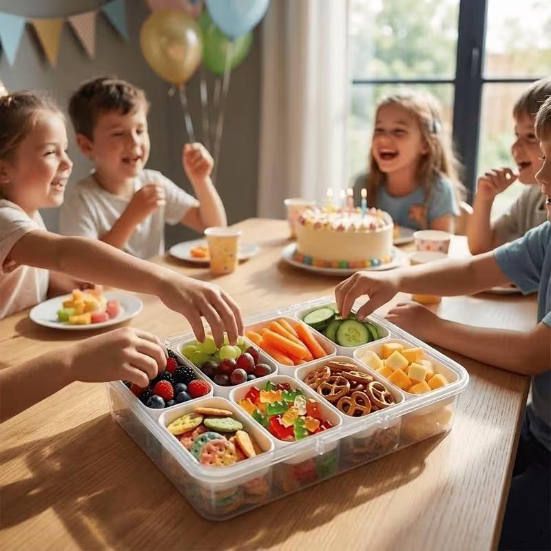 Mess-Free Stackable Snackle Box Container, 8 Compartment Divided Serving Tray with Lid & Portable Handle, BPA-Free Food Organizer for Fridge Storage, Picnics, Parties, Travel & Meal Prep