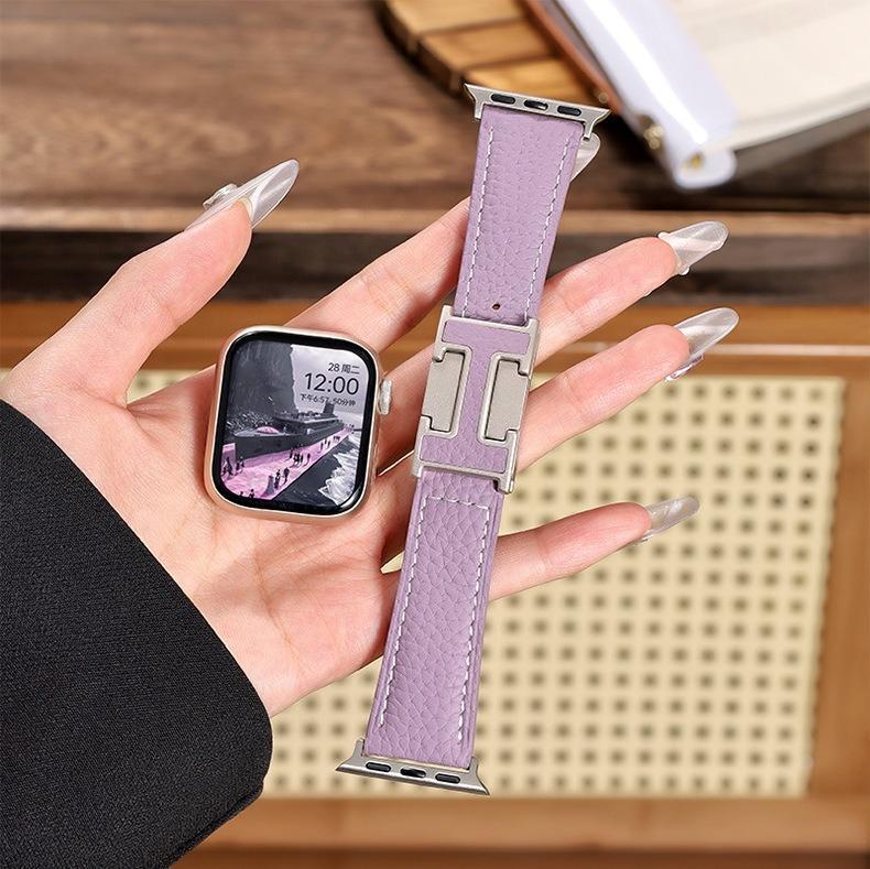 New H-Type Magnetic Buckle Lychee Pattern Leather Smart Watch Strap (38-49mm)