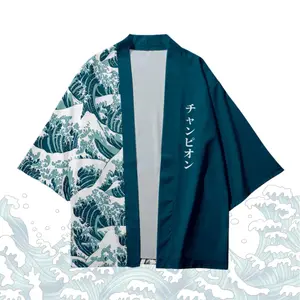 Japanese Kimono Cardigan Wave Pattern Yukata Haori Men Women Streetwear Retro Kimono Traditional Cosplay Costume Loose Outwear