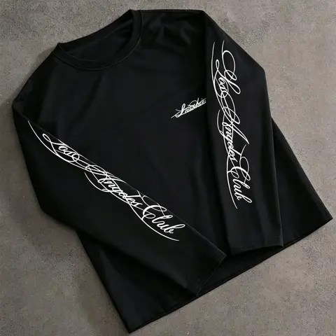 Unisex 100% Cotton Soft Multi-Color Vertical Sleeve Script Lettering Long Sleeve Tee Mini Chest Logo Chicano American Streetwear Oversized Casual Top
