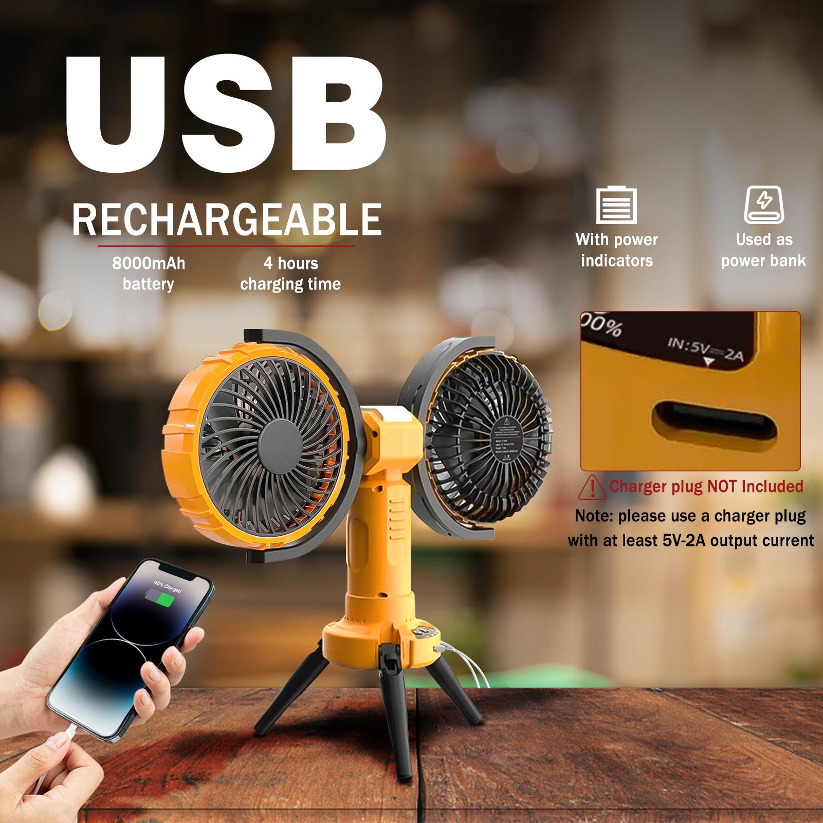 XTAUTO Outdoor Camping Fan with LED Light, 8000mAh Rechargeable Battery Powered Tent Fan, 270° Oscillating 360° Rotation Portable Camping Fan for Canopy Travel Fishing Home, Yellow Battery Operated Outdoor Fan