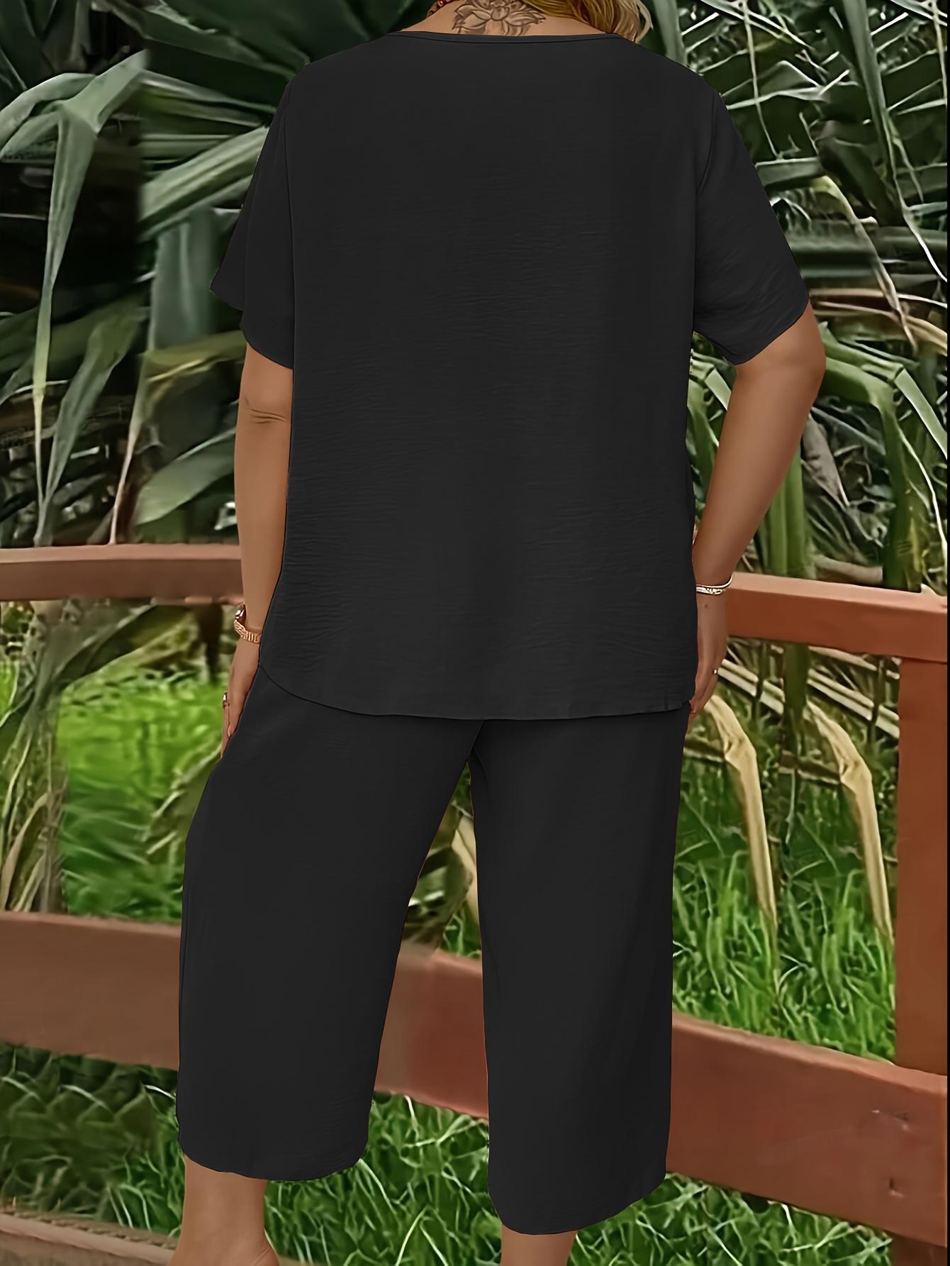 Elegant Plus Size Women's Solid Color Short Sleeve Fashion Top & Casual Wide Leg Pants Set, Summer, Comfortable & Stylish Elegant Plus Size Women's Solid Color Short Sleeve Fashion Top & Casual Wide Leg Pants Set, Summer, Comfortable & Stylish