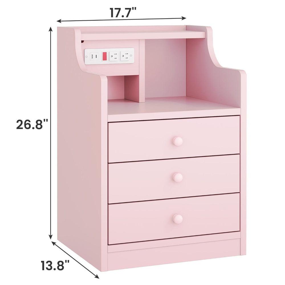 Sikaic LED Nightstand with 3 Storage Drawers Pink Modern Bedside Table with Built-in Charging Station and Open Storage Space Vanity Desk Design