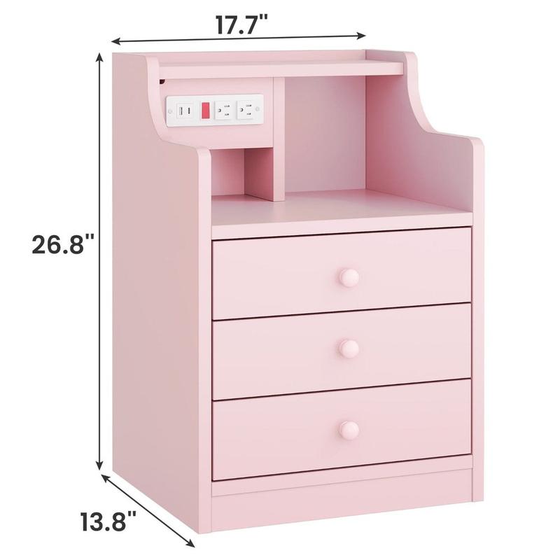 Sikaic LED Nightstand with 3 Storage Drawers Pink Modern Bedside Table with Built-in Charging Station and Open Storage Space Vanity Desk Design