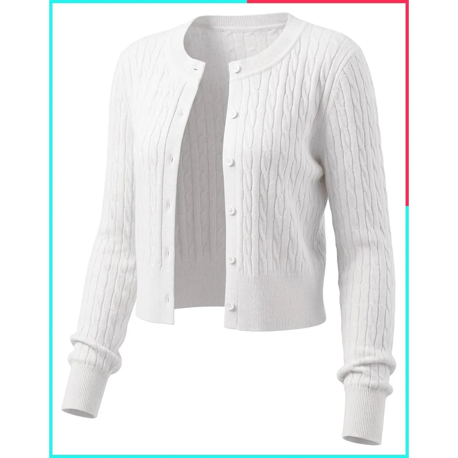 Women's Lightweight Micro-Cable Knit Cropped Cardigan Sweater, Crewneck Button-Down Long Sleeve Shrug, XS-XL