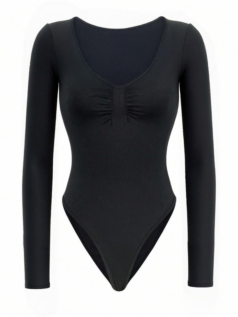 Pure Color Fashion Pleated Long Sleeve Slim-Fit Bodysuit, Casual Fall Style, Thin Fabric, Plain Pattern, Women's Clothing