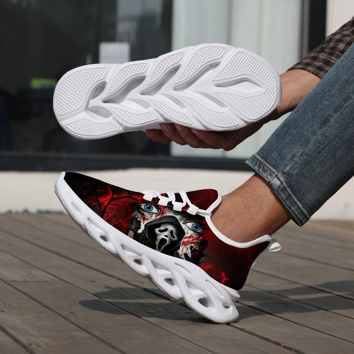 Men Women Halloween Horror Mask Print Sneakers Breathable Mesh Lace Up Blade Type Walking Shoes Lightweight Casual Sports Footwear Outdoor Walking Shoes Holiday Gift