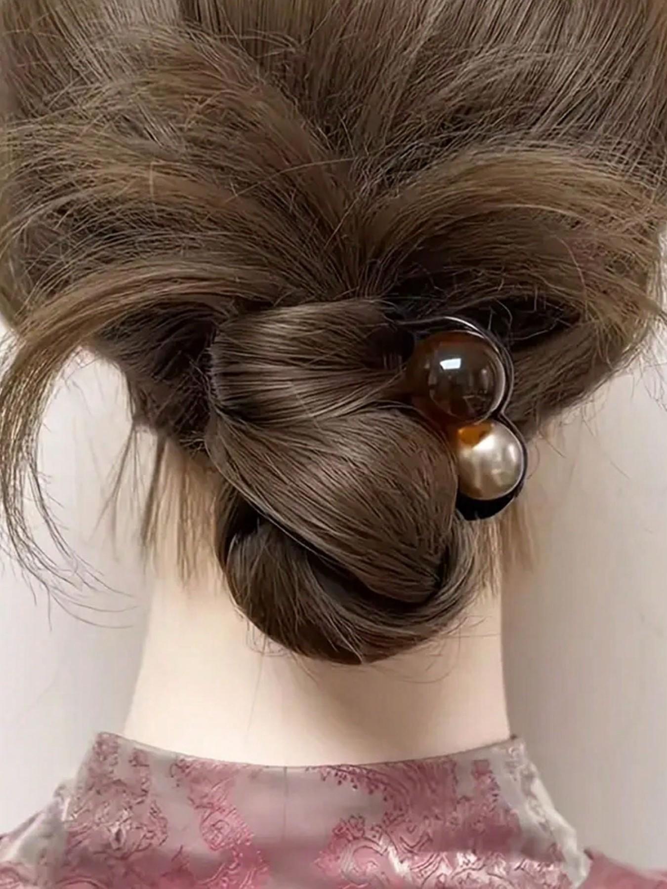 Elegant Three-Tooth Bead U-Shaped Hairpin，Bun Updo Hairpin， Vintage Hair Clips - Black & White with Green Synthetic Gemstonestone Accents, Versatile for Casual & Formal Occasions, All-Season girls Hair Accessories, Hair Accessories, Classic Hairpins,