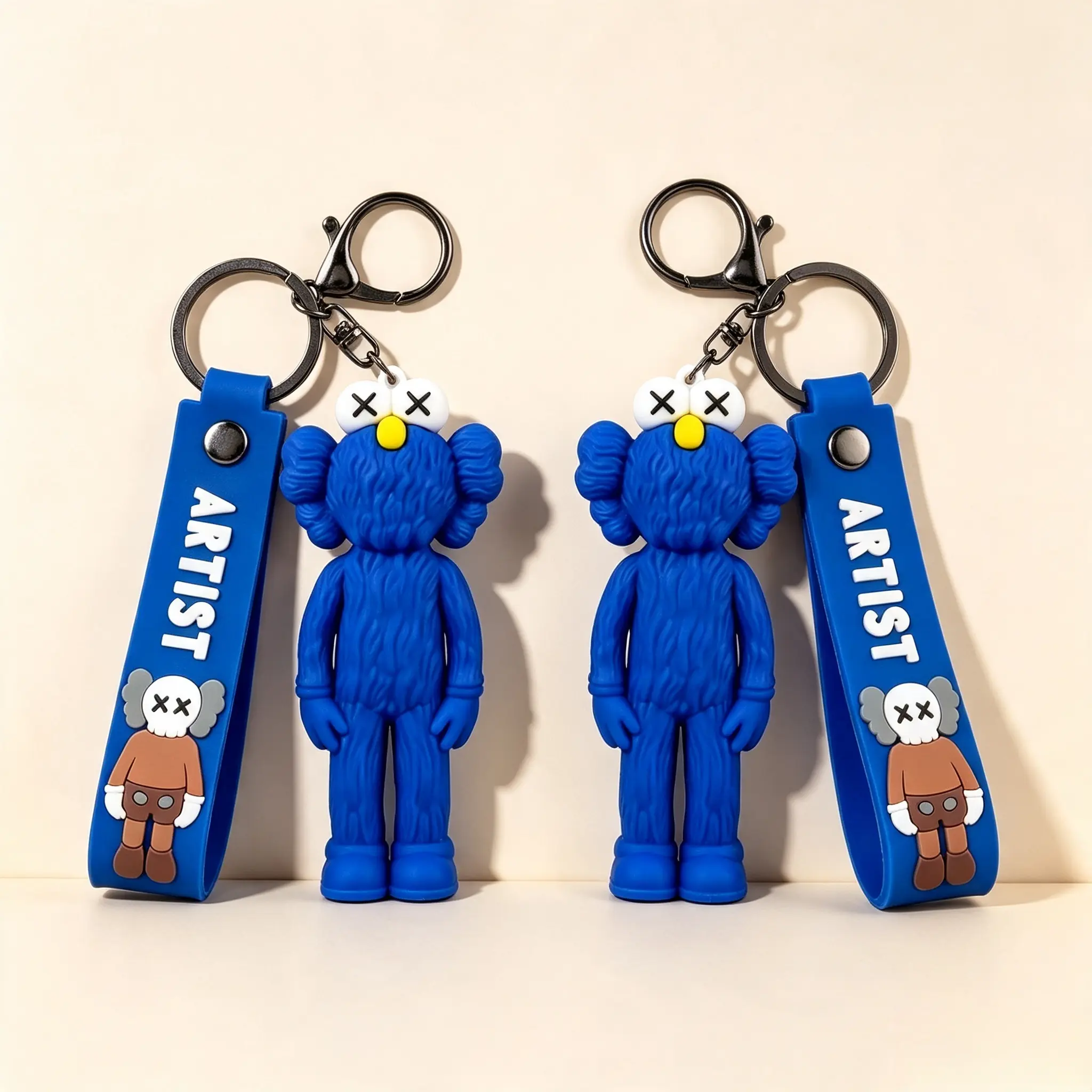 Trendy Hypebeast Cartoon Figure Keychain with Wrist Strap, Aesthetic Backpack Charm, Car Keyring Gift for Home Decor Doll Ornaments