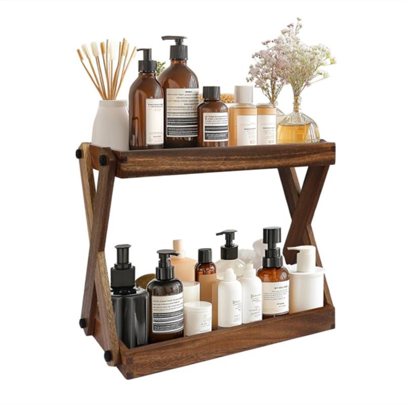 Double Layer Solid Wood Bathroom Organizer Rack with Mirror, Bathroom Organization, Space Saving Design, Suitable for Toiletries/cosmetics/decor Storage