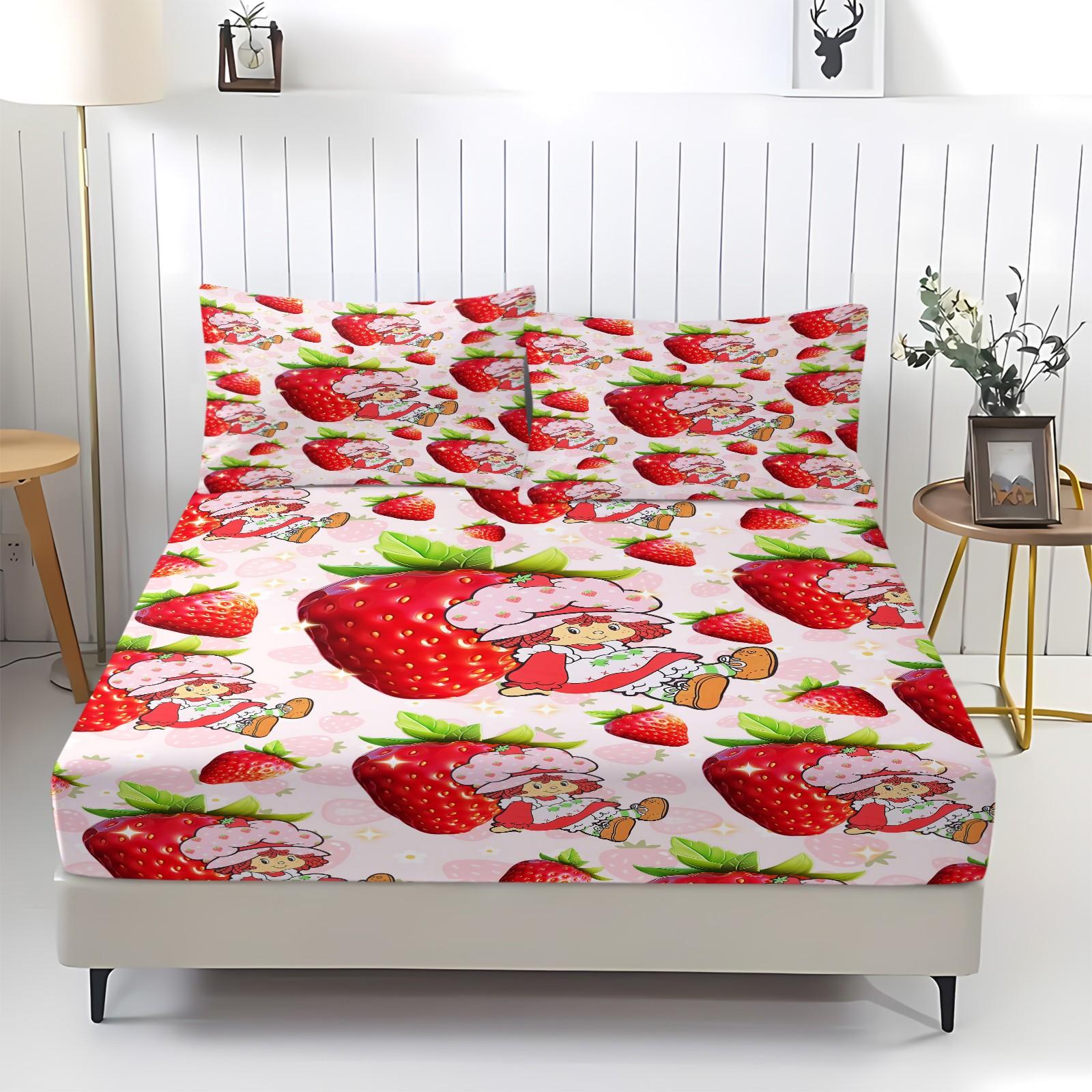 Strawberry Shortcake Purple Dot Fitted Sheet Set, 1 Fitted Sheet + 2 Pillowcases - 3 Pcs Soft Bedding with Deep Pocket, 360° Full Coverage, Wrinkle Free, Cute Strawberry Cartoon Bed Sheets for Girls, Full Size