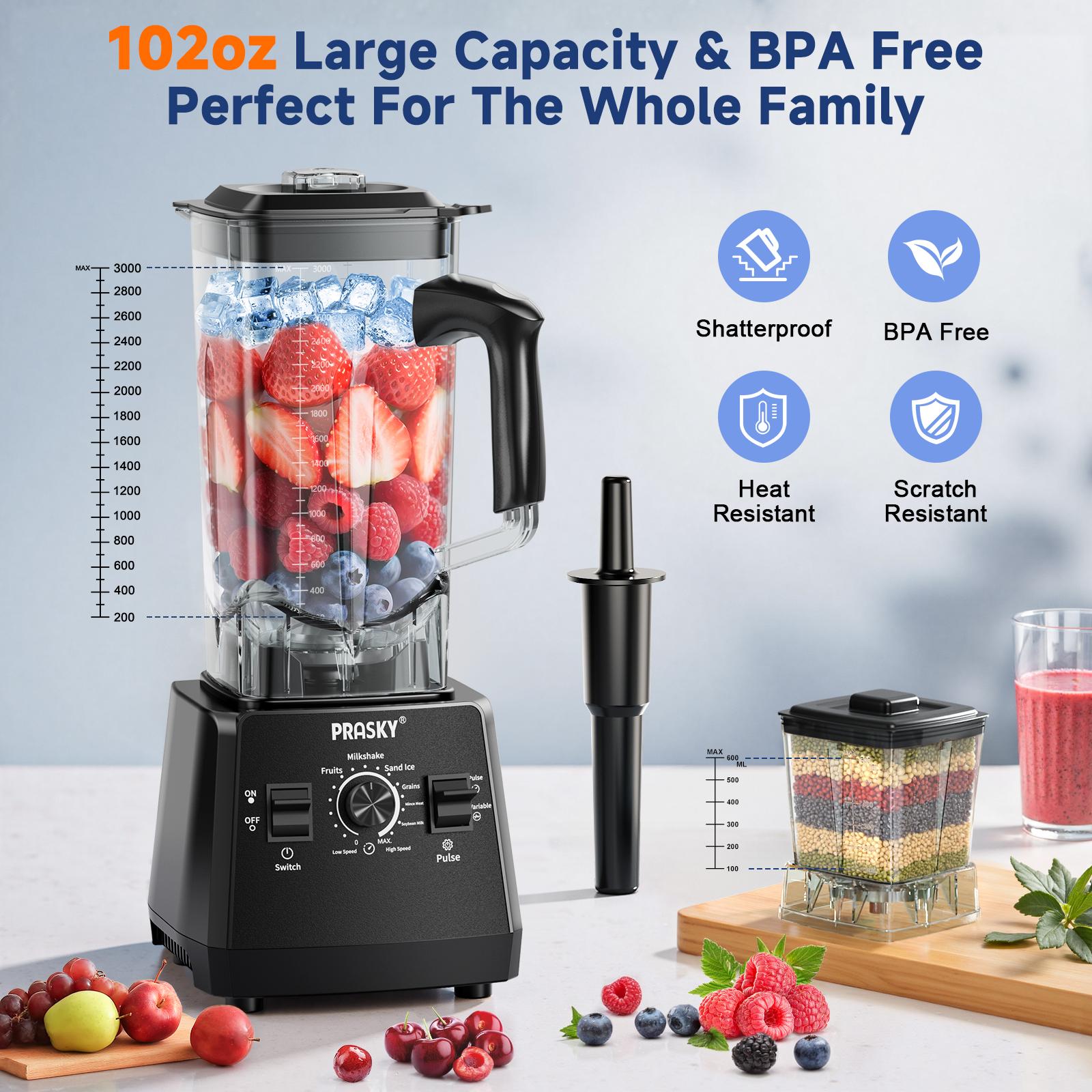 Prasky 102oz 2in1 Blender and Grinder for kitchen use, 2 Cups Large capacity Powerful Kitchen Blender 68oz BPA-Free 2 Containers Countertop Blenders, Crush Ice, Makes Sauces&Smoothie, Grinds Coffee& Spices - Ideal for Frozen drinks & daily blending needs Prasky 102oz 2in1 Blender and Grinder for kitchen use, 2 Cups Large capacity Powerful Kitchen Blender 68oz BPA-Free 2 Containers Countertop Blenders, Crush Ice, Makes Sauces&Smoothie, Grinds Coffee& Spices - Ideal for Frozen drinks & daily blending needs