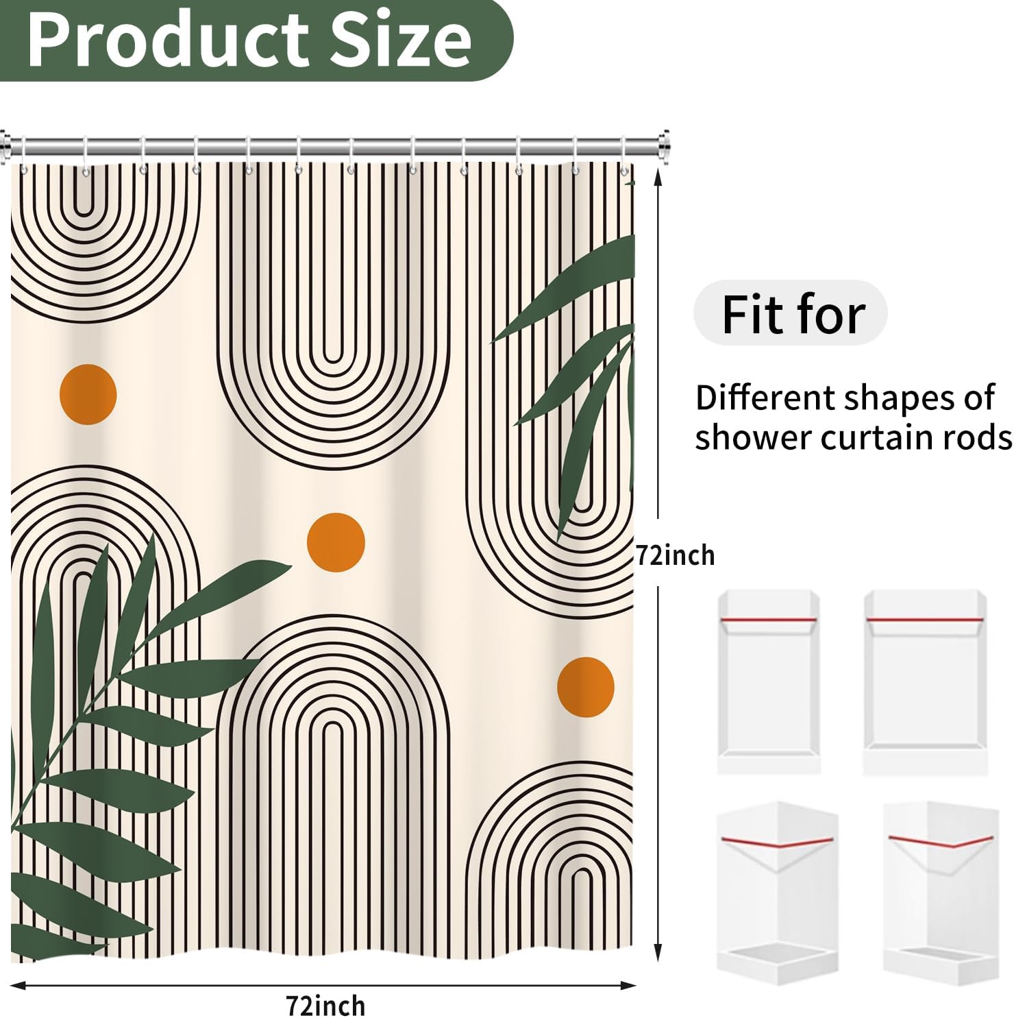 Boho Shower Curtain, Modern Abstract Arch Bathroom Curtain Minimalist Geometric Green Leaves for Home Decor Waterproof Fabric with Hooks, 72x72 Inch