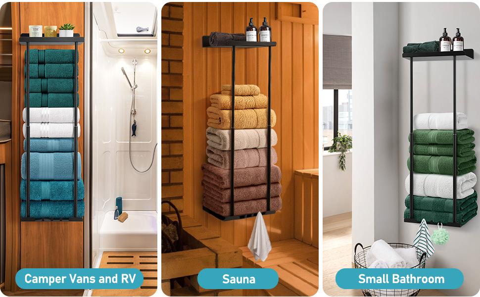 Bathroom Towel Storage Rack, Towel Racks for Bathroom Wall Mounted 30 inch with Shelf Can Holds 6 Large Towels, Wall Towel Rack for Rolled Towels, Black