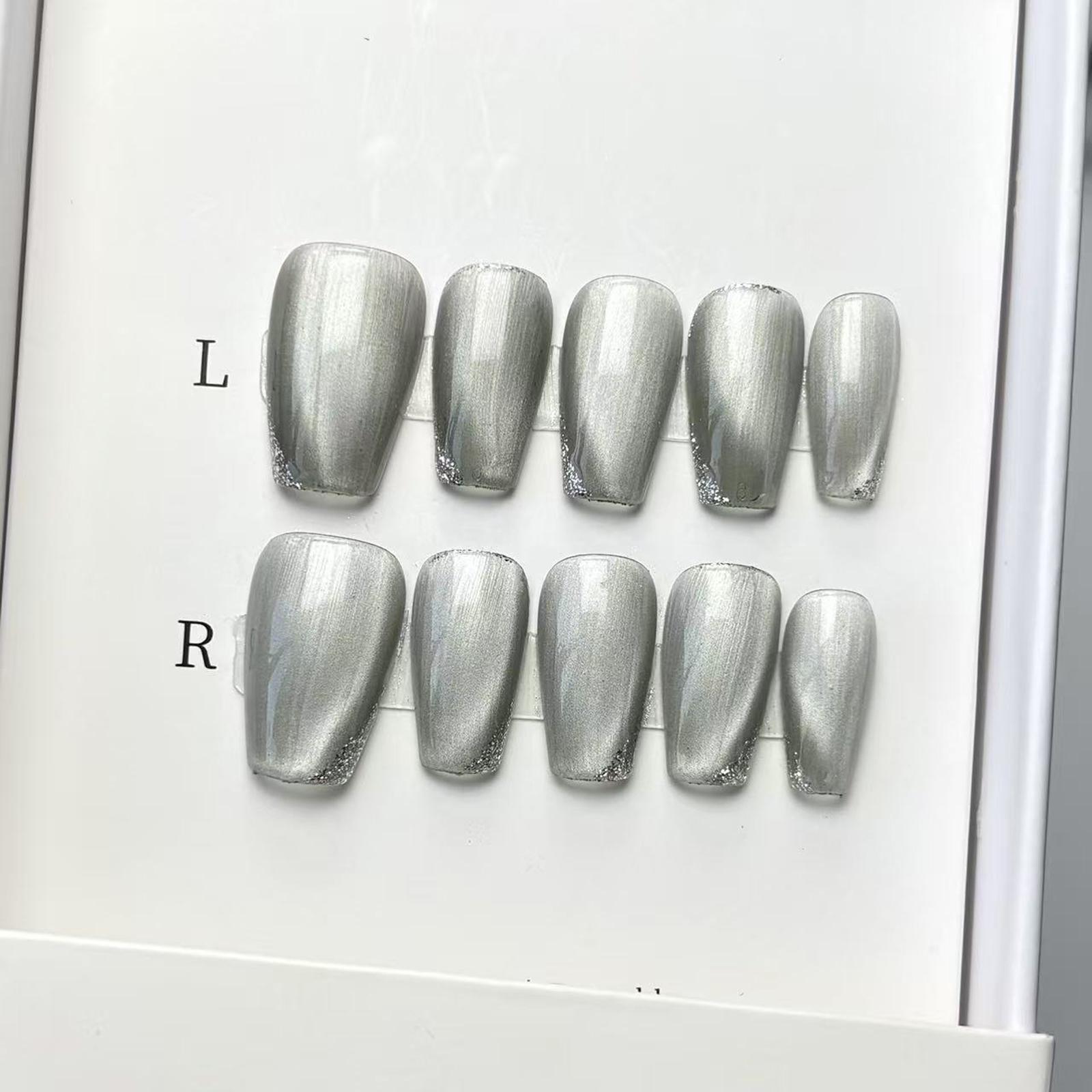 Luxury Nail Freedom! Silver Cat Eye Glitter Edge Press Ons, Get Baddie Nails In 5 Mins, No Salon Needed
