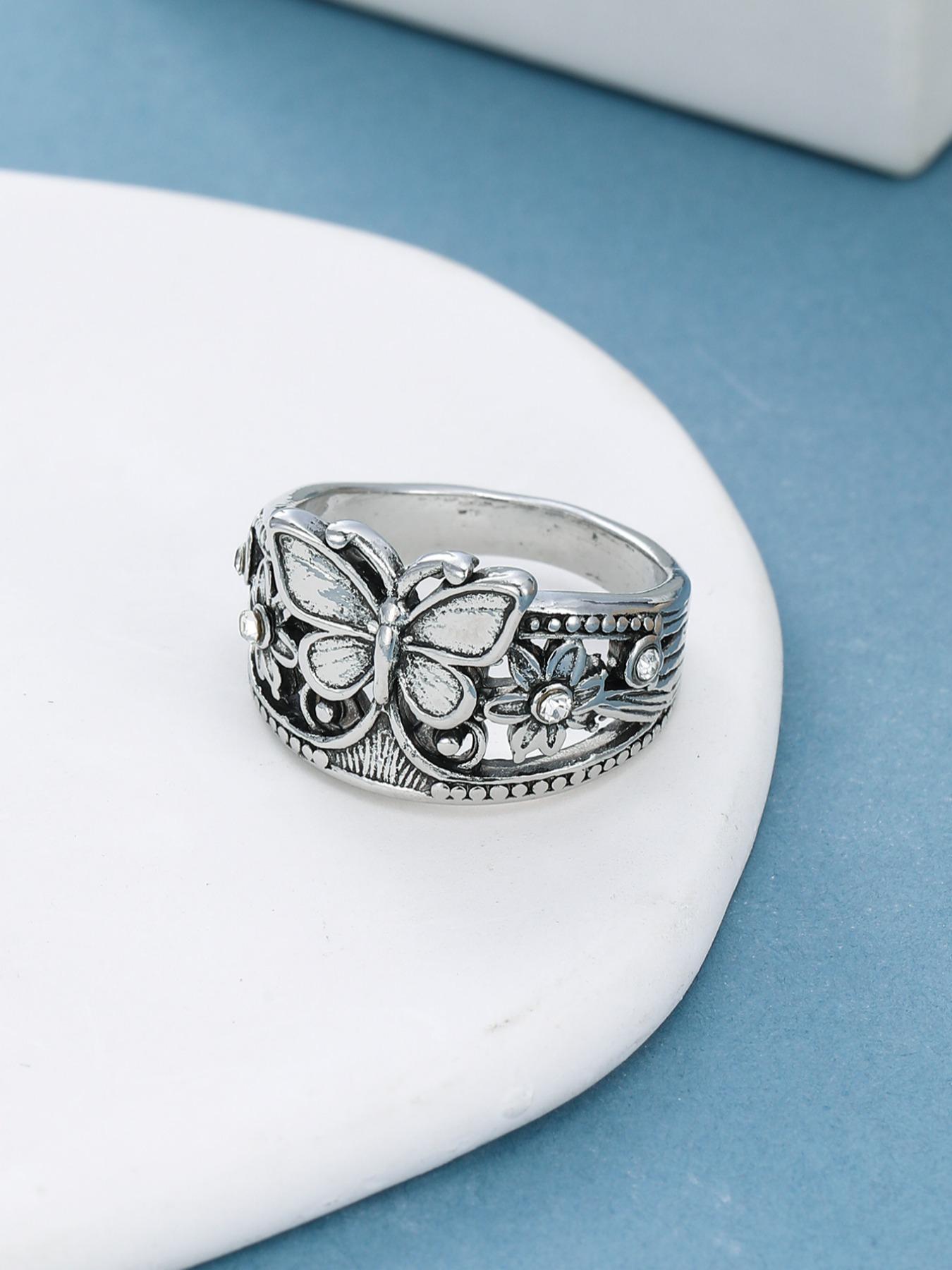 Vintage Hollow Butterfly Flower Ring for Women, Ethnic Style Unique Design, Casual Versatile Party Wedding Jewelry, Boho Wedding Ring Jewelry Rings