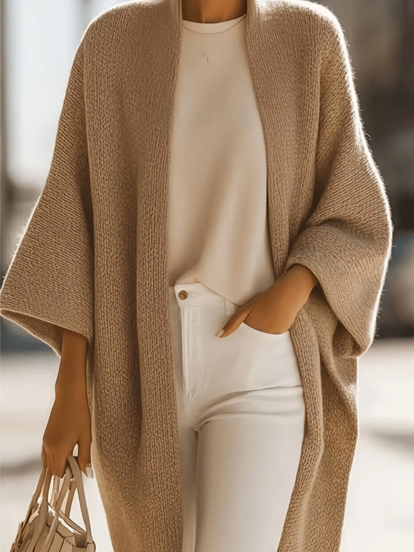 Women's Solid Color Cape-Style Medium-Length Knit Cardigan, Vintage Casual Loose Thick Stitch Open Front Three-Quarter Wide Sleeve, Fall Winter Daily Commute Outerwear Knitwear