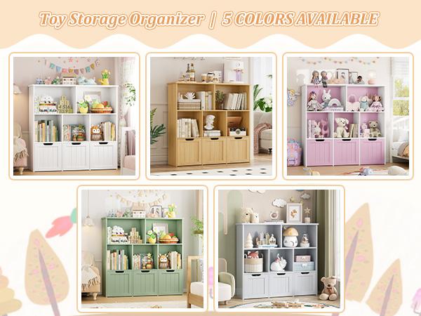 FOTOSOK Toy Storage Organizer with 3 Movable Drawers, Toy Organizer with Hidden Wheels and 5 Open Cubbies, Multifunctional Floor Storage Chest for Playroom