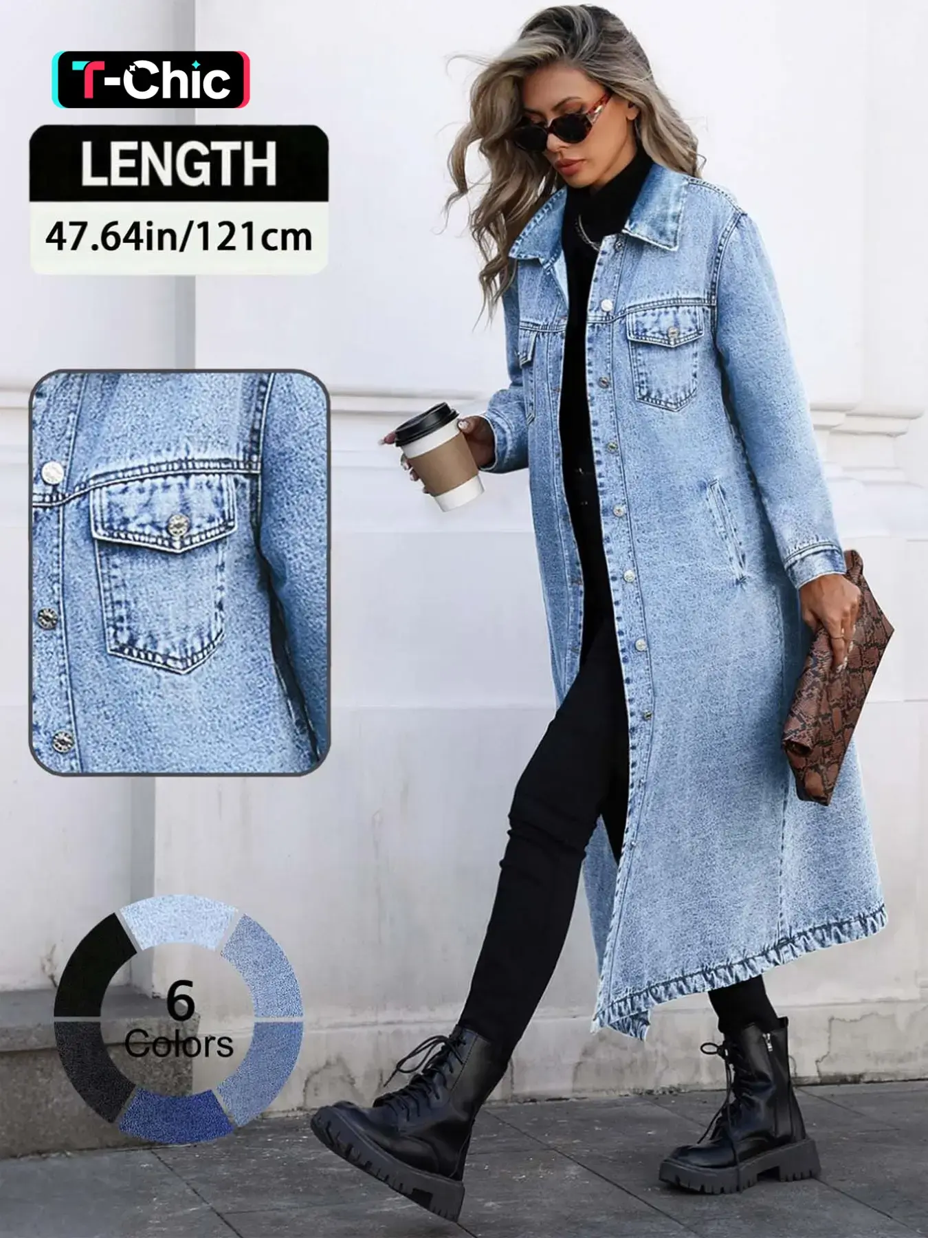 Women's Button Front Denim Coat, Elegant Casual Long Sleeve Denim Outerwear for Spring & Fall, Women's Clothing for Daily Wear