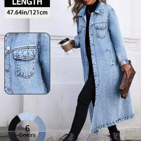 Women's Button Front Denim Coat Jackets, Elegant Casual Long Sleeve Denim Outerwear for Spring & Fall, Women's Clothing for Daily Wear