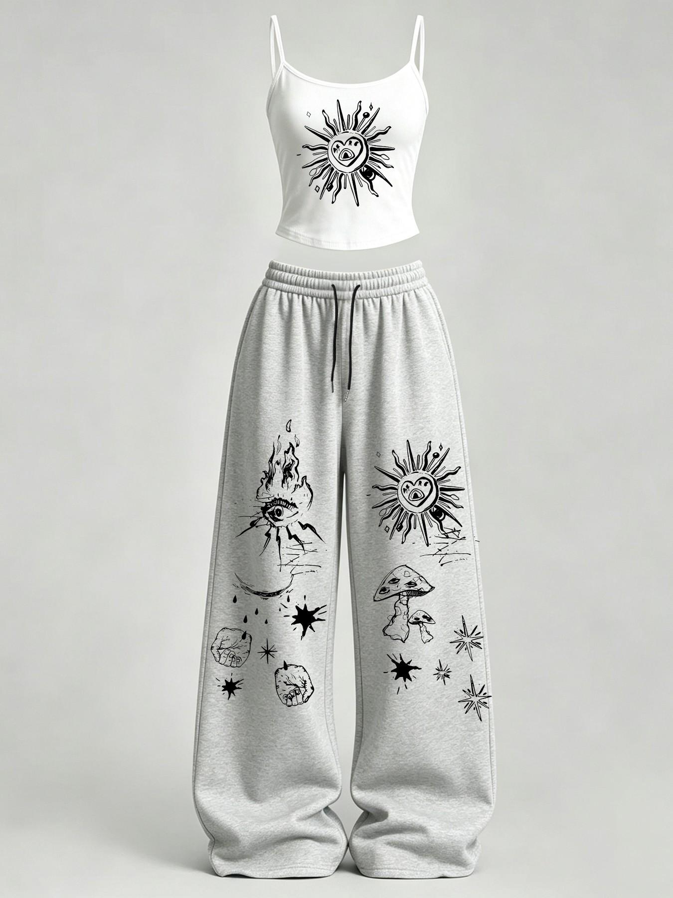 Women's Casual Home Wear Set, Sun Totem Print Slim Fit Tank Top + Loose Pants, Y2K Street Style, Daily Commute, Campus, Home Relax Women's Casual Home Wear Set, Sun Totem Print Slim Fit Tank Top + Loose Pants, Y2K Street Style, Daily Commute, Campus, Home Relax