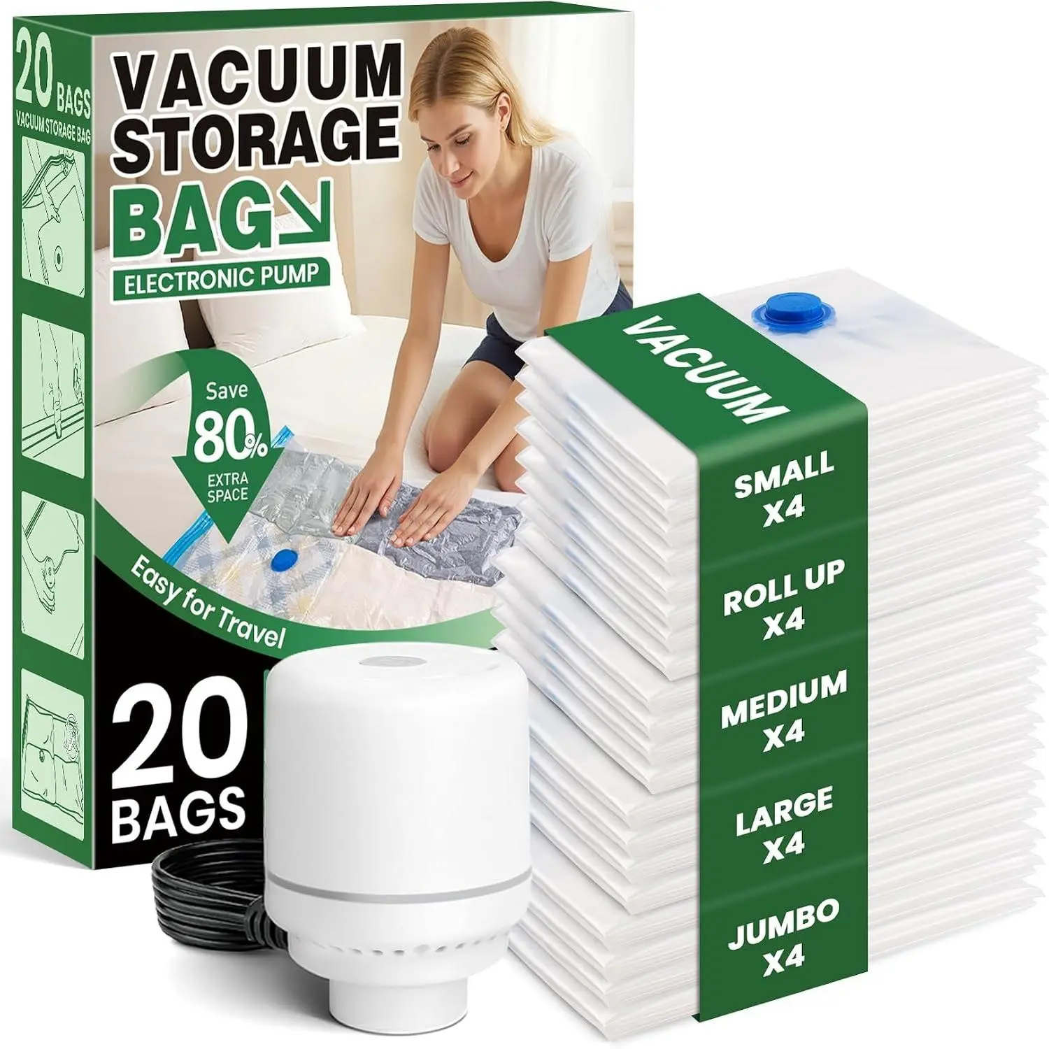 20 Pack Vacuum Seal Bags for Clothing Travel,Vacuum Storage Bags with Pump,Compressing Packing Bag for Clothes,Blankets,Comforters,Home Storage,Space Saving Bag for Moving Supplies-Combo Set