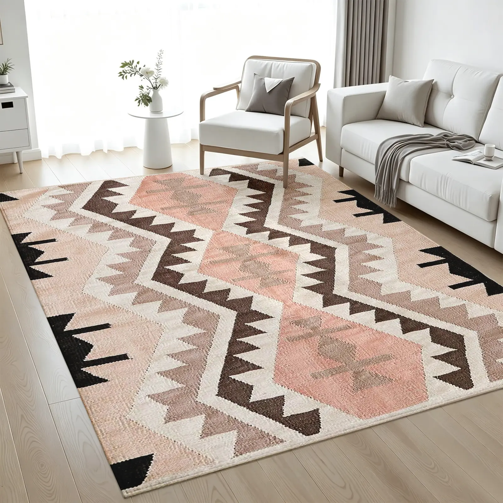 Boho Aztec Diamond Pattern 5x7ft Area Rug, Ultra-Soft Low-Pile Non-Slip Machine Washable Floor Rug, Neutral Modern Home Decor for Living Room Dining Room Bedroom Office, Great New Home Housewarming Gift Home Decor