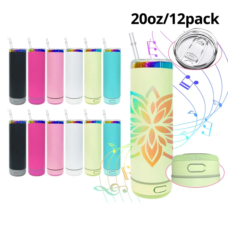 12-Pack 20oz Rainbow Bluetooth Tumblers, Powder Coated Stainless Steel Cups with Built-In Music Speaker, Colorful Straw & Vacuum Insulation, Engraving Ready
